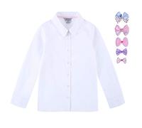 Bienzoe Girls Long Sleeve Shirt: Kids School Uniform Button Down Cotton Oxford Blouse Bowtie Pack White M