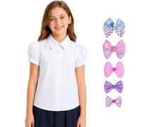 Bienzoe Girls School Uniform Shirt: Kids Summer Button Down Short Sleeve Cotton Oxford Blouse Bowtie Pack White M