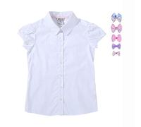 Bienzoe Girls School Uniform Shirt: Kids Summer Button Down Short Sleeve Cotton Oxford Blouse Bowtie Pack White L