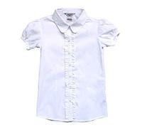 Bienzoe Girls School Uniform Shirt: Kids Summer Ruffle Button Down Short Sleeve Cotton Oxford White M