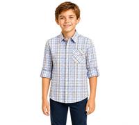 Bienzoe Plaid Gingham Boys Shirts: Collared Cotton Button Down Roll Up Sleeve - Photos Ready Wear for School Family Holiday - Size 5/6 Yellow Blue