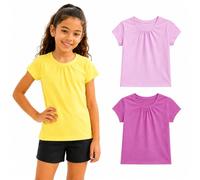 Bienzoe Plain Solid Girls T-Shirts: Short Sleeve 3 Pack Soft Tees - School Daily Wear PE Play Easy Care Ages 4-13, Yellow, Pink, Crocus, Size 10/12