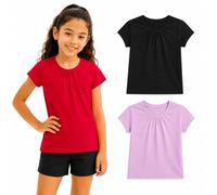 Bienzoe Plain Solid Girls T-Shirts: Short Sleeve 3 Pack Soft Tees - School Daily Wear PE Play Easy Care Ages 4-13, Black, Red, Pink, Size 4/5