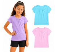 Bienzoe Plain Solid Girls T-Shirts: Short Sleeve 3 Pack Soft Tees - School Daily Wear PE Play Easy Care Ages 4-13, Blue, Pink, Cassis, Size 10/12