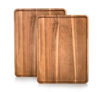 BIEOFFEI 2 Pcs Acacia Wood Serving Tray, Rectangular Wooden Serving Platters Charcuterie Board, Large Wood Kitchen Display Tray for Food, Cookie, Dessert, Fruit, Snack, Vegetable, 16.6" x 12.6" x 0.6"