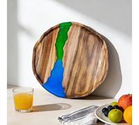 Bierofaro Round Wooden Tray 25 cm, Acacia Wood Serving Tray with Blue-Green Resin River Design, Small Decorative Tray for Coffee Table, Dressing Table, Perfume, Jewellery and Home Décor