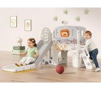 BIERUM 9-in-1 Toddler Slide Slide for Babies 1-3 Years with Basketball Hoop and Ring Set for Indoor and Outdoor Use Beige and Grey