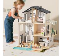 BIERUM Wooden Dollhouse, Large Modern Doll House with 49Pcs Furniture Accessories, Dolls & Pets, DIY Puzzle Pool Yard, Wood Dollhouse Toy for Toddlers 3+, Ideal Gift for Boys and Girls (Black)