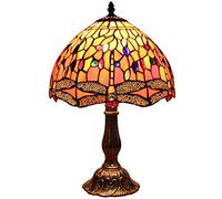 Bieye L30023 Dragonfly Tiffany Style Stained Glass Table Lamp with 12 inches Wide Handmade Lamp Shade Zinc Base for Bedside Bedroom Living Room Coffee Table, 18 inches Tall, Red Orange…