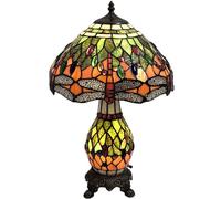 Bieye L30566 Dragonfly Tiffany Style Stained Glass Table Lamp with 12-inches Wide Handmade Lamp Shade Double Lit for Bedroom Bedside Living Room, 19-inches Tall, Green Orange…