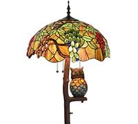 Bieye L30766 Grapes Tiffany Style Stained Glass Double-Lit Floor Lamp with Owl Night Light, 18" Wx65 H