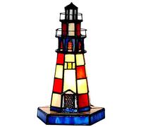 Bieye L31005 Lighthouse Tiffany Style Stained Glass Accent Table Lamp Night Light for Home Decoration (Red 3, 6" x 6" x 10")