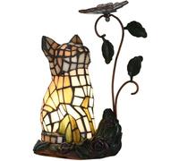 Bieye L50891 Tiffany-Style Stained Glass Cat Accent Table Lamp - Adorable Orange Cat Watching a Butterfly - 10-Inch Tall