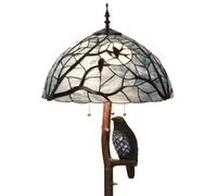 Bieye Ravens Sitting on Bare Tree Branch Against Full Moon Tiffany Style Stained Glass Floor Lamp with Raven Night Light Double Lit for Halloween Décor, 4-Light, 65 inches Tall (Dark Blue)