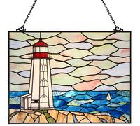 Bieye W10066 Peggy's Point Lighthouse Tiffany Style Stained Glass Window Hangings Panel, 19" W x 14.4" H
