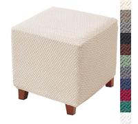 Bifaun Vogel Ottoman Cover - Jacquard Stretch Slipcovers with Elastic Bottom - Thick Folding Storage Covers for Square Footstool & Living Room - Beige