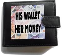 Bifold Flip RFID Blocking Leather Wallet for Men - “His Wallet Her Money” Design - Coin Pocket, 7 Card Slots, 10 Total Pockets - Funny Gift for Husband, Boyfriend, Anniversary or Birthday
