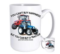BIG 15oz MUG. TRACTOR GIFT MUG, You Can't Buy Happiness Buy You Can Buy A Tractor and that's pretty close. Can Be Personalised. Dishwasher and Microwave Proof. Farmer Tractor Driver Gift
