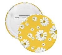 Big and Small White Chamomile Flowers Seamless on Yellow 1 PC Round Brooch Pin, Unisex Smooth Surface Lapel Tie Pin, Tin Plate Badge Jewelry Crafts Decor for Costume Accessory Men Women