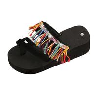 Big and Tall Toe-Toed Thick-Soled Ladies Slides Slippers Platform High Wedge Sandals Open Toe Thick Bottom Slip On Shoes Fashion Retro Tassel Ethnic Style Versatile Outdoor Casual Slides(Hot Pink)