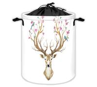 Big Antlers Deer Laundry Hampers With Drawstring Flowers And Birds Laundry Baskets For Bathroom Watercolor Elk Portable Clothes Storage Organizer Basket Moose W 35 L 44 Cm