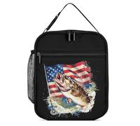 Big Bass Fishes U.S. Flag Lunch Bag Insulated Bento Box Tote Bags Portable Lunchbag for Women Men Work Picnic
