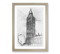 Big Ben and The London Eye Vol.1 Sketch Framed Print | A2 Oak Framed Wall Art | Ready to Hang | Modern Nature Picture | Living Room Bedroom Lounge Office