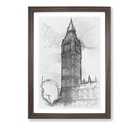 Big Ben and The London Eye Vol.1 Sketch Framed Print | A2 Walnut Framed Wall Art | Ready to Hang | Modern Nature Picture | Living Room Bedroom Lounge Office