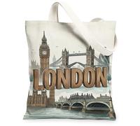 Big Ben Canvas Tote Bag for Women, Urban Travel Tower Bridge London None Beige Washable Reusable Market Tote Bag Ideas for Travel Work Shopping Bookstore 13x15 Inch