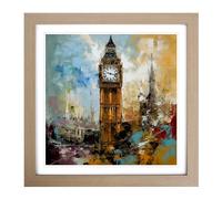 Big Ben Expressionism Framed Print | 18x18 Inch Oak Framed Wall Art | Ready to Hang | Eclectic Historical Picture | Living Room Bedroom Lounge Office