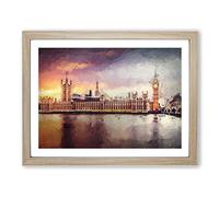 Big Ben & Houses Of Parliament In Abstract Modern Art Framed Print A3 Oak