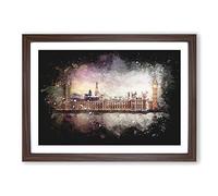 Big Ben & Houses of Parliament Paint Splash Framed Print | A2 Walnut Framed Wall Art | Ready to Hang | Modern Cityscape Picture | Living Room Bedroom Lounge Office