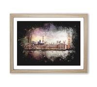 Big Ben & Houses Of Parliament Paint Splash Modern Art Framed Print | A2 Oak Framed Wall Art | Ready to Hang | Modern Cityscape Picture | Living Room Bedroom Lounge Office