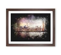 Big Ben & Houses Of Parliament Paint Splash Modern Art Framed Print | A4 Walnut Framed Wall Art | Ready to Hang | Modern Cityscape Picture | Living Room Bedroom Lounge Office
