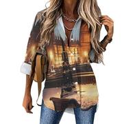 Big Ben in Christmas London England UK Women's V Neck Shirts Long Sleeve T Shirts Button Down Tee Tops Casual Blouse XL