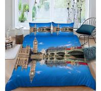 Big Ben London Single Duvet Cover Set Thames River Bedding Single Bed Set 3D Print Soft Comfort Microfiber Quilt Cover 150x200 cm with Zipper Closure and 2 Pillowcases o.3602