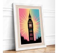 Big Ben Rising Light Retro Framed Wall Art Print A4 (29.7×21cm) White, Wall Decor for Living Room, Bedroom, Office & Home, Ready to Hang, Art Gift