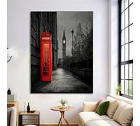 Big Ben Telephone Booth Oil Painting On Canvas Print Posters Large Black London Streets Wall Art Modern Living Room Decor Fine Art Decorative 20X28In Frameless