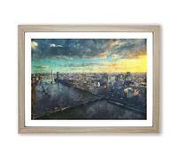 Big Ben & The London Skyline Painting Modern Art Framed Wall Art Print, Ready to Hang Picture for Living Room Bedroom Home Office Décor, Oak A4 (34 x 25 cm)