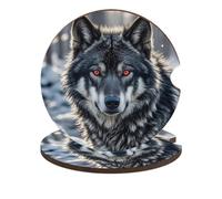 Big Black Wolf with Red Eyes 2 Pack Car Coasters for Cup Holders Wooden Absorbent Car Cup Coasters Non-Scratch Cork Base, Water Resistant Cups Mat for Women & Men (Fits Most Cars, SUVs, Trucks)
