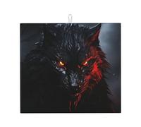 Big Black Wolf With Red Eyes Dish Drying Mat For Kitchen Counter Absorbent Microfiber Large Drying Pad Reversible Washable Dish Mats For Home Kitchen Decor,Dining Room,Office 16"X18"