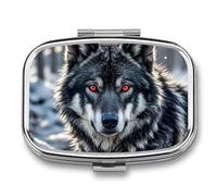 Big Black Wolf with Red Eyes Pill Box Travel Pill Organizer 2-Compartment with Mirror Design Portable Square Medicine Case for Vitamins, Jewelry & Essentials Durable Pocket Pillcase for Purse, Camping