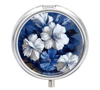 Big Blue and White Flowers Pill Box,3 Compartments Round Small Pills Case Moisture-Proof Portable Pill Container for Travel Vitamins Fish Oil Supplements