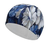 Big Blue and White Flowers Swim Caps for Men Women Comfortable High Elasticity Swimming Cap Personalized Swimming Hat Breathable Swim Hats Keeps Hair Clean Bathing Cap for Long Short Hair