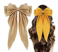 Big Bow Hair Clips 2pcs, Long Tail French Hair Bows for Women Girl, Satin Silky Barrette, Champagne Yellow Bow Hair Dress Up Accessories for Birthday/Party/Show