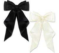Big Bow Hair Clips with Long Silky Satin, Ribbon Solid Color Ribbon Bows with Long Tail for Hairstyle, Hair Bows for Women, Birthday Holiday things, Party Valentine's Day- 2 PCS (Black+Beige)