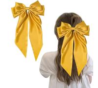 Big Bows for Women - Solid Color Hair Clips with Long Ribbon, French Barrette Clip Soft Satin Silky Bows - Cute Gifts for Women & Girls (Yellow)