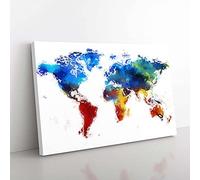 Big Box Art Abstract Map of The World Canvas Wall Art Print Ready to Hang Picture, 76 x 50 cm (30 x 20 Inch), White, Blue, Red, Yellow
