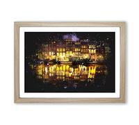 Big Box Art Amsterdam at Night Paint Splash Framed Wall Art Picture Print Ready to Hang, Oak A2 (62 x 45 cm)