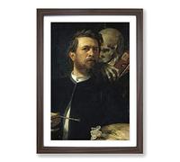 Big Box Art Arnold Bocklin Self Protrait, Death Playing The Fiddle Framed Wall Art Picture Print Ready to Hang, Walnut A2 (62 x 45 cm)